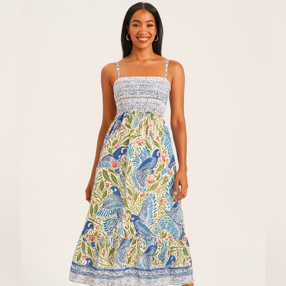 FARM Rio Macaw Flight Maxi Dress Off-White Smocked Size L NWT $225 MSRP